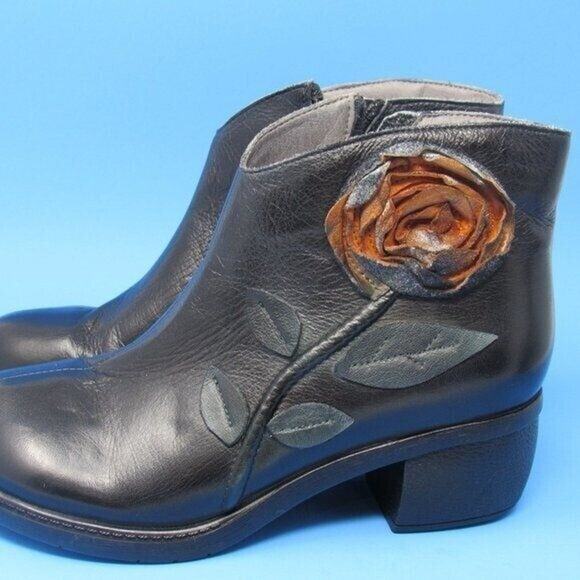 Socofy Womens shoes Size 37 6.5 Leather Ankle Booties Flower Black BOOTS - Picture 5 of 10